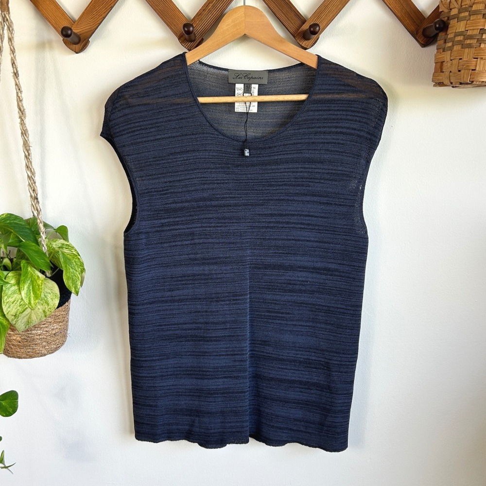 Les Copains Italy Navy Blue Sheer Space Dye Knit Sleeveless Top IT 42 US M